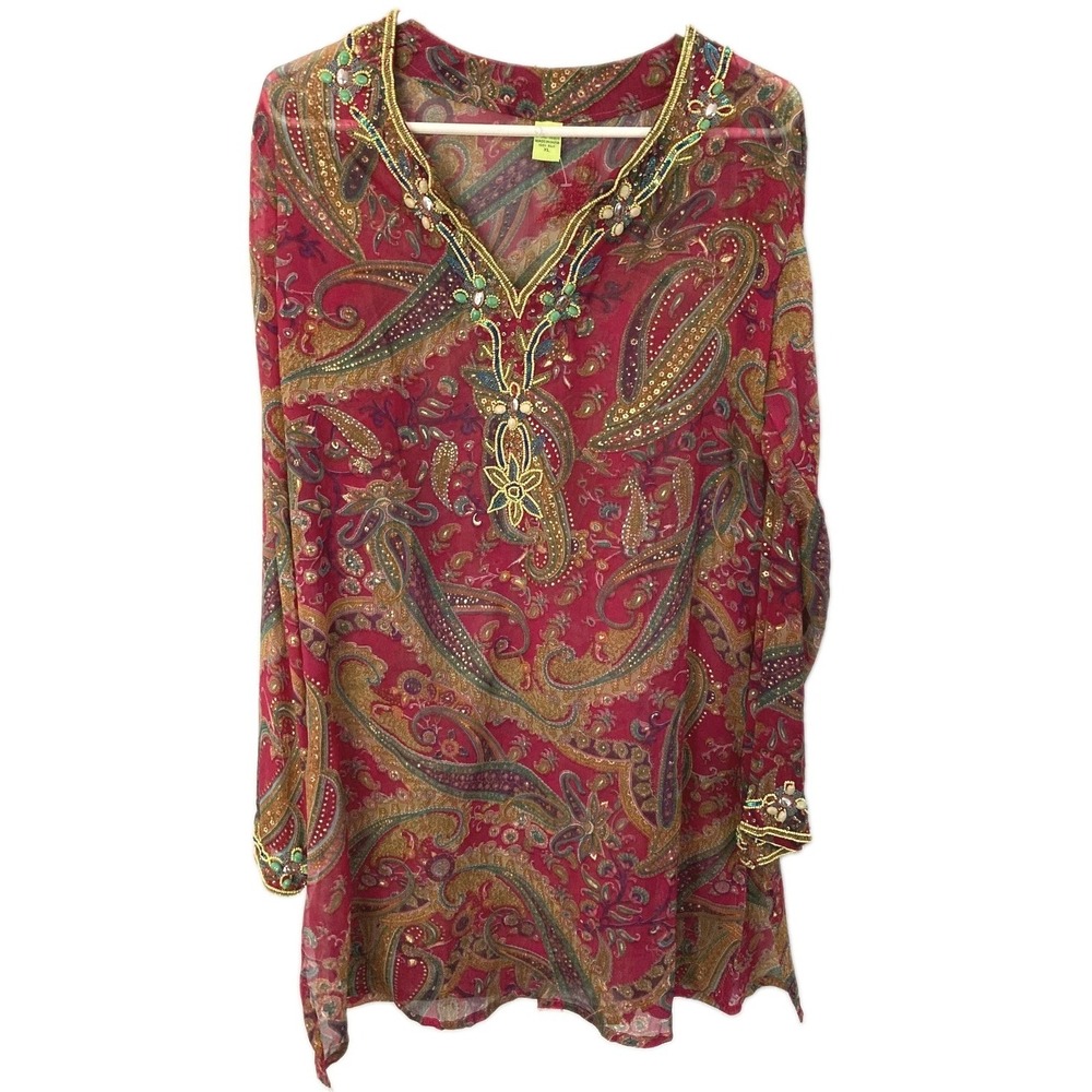 Raj Tunic Top Women XL Red Paisley Beaded Gem Embroidered Silk V Neck Boho Sheer